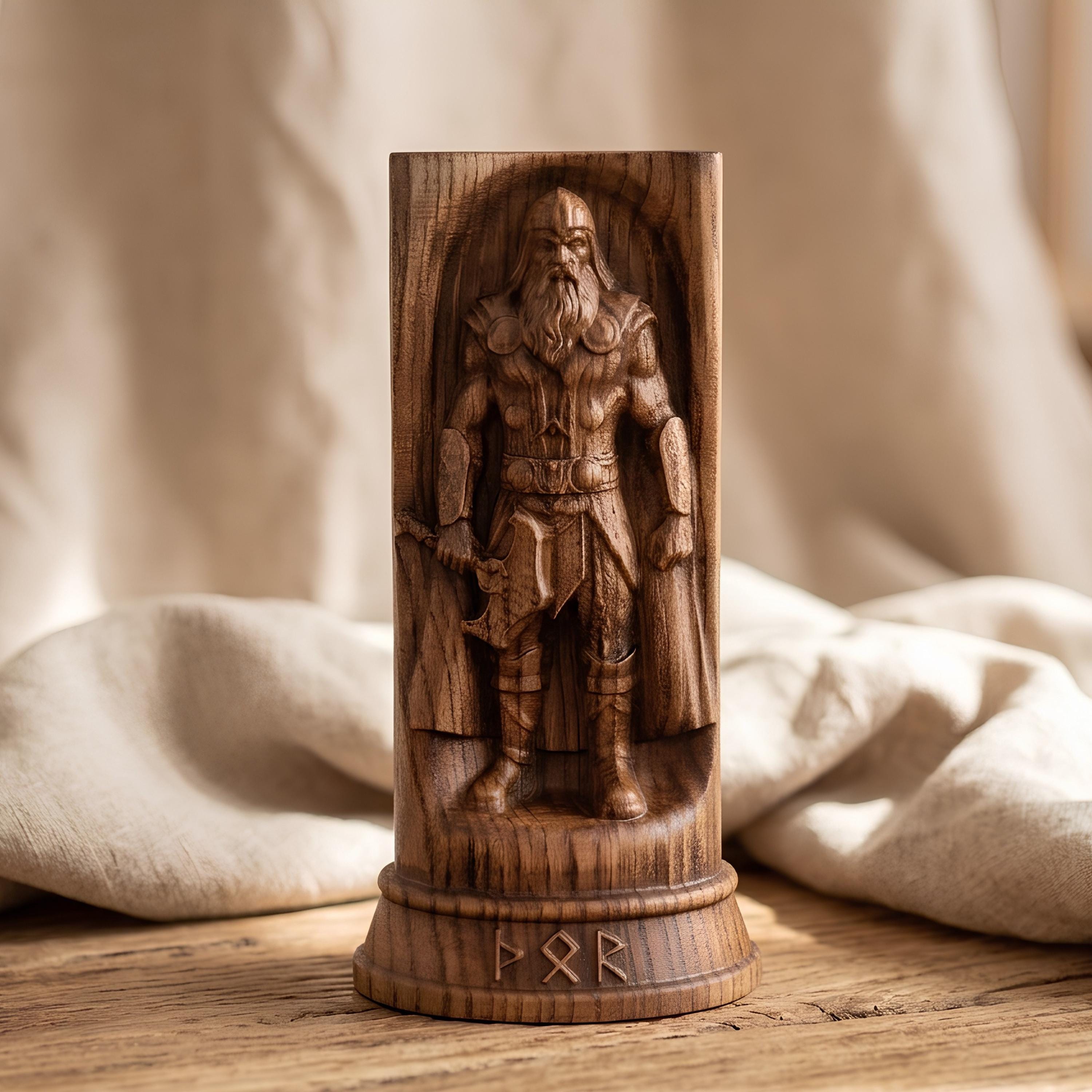 Viking Thor's Hammer Home Decor - Thor Wooden Idol, Thunder God Figurine, Norse Pagan Altar Decor