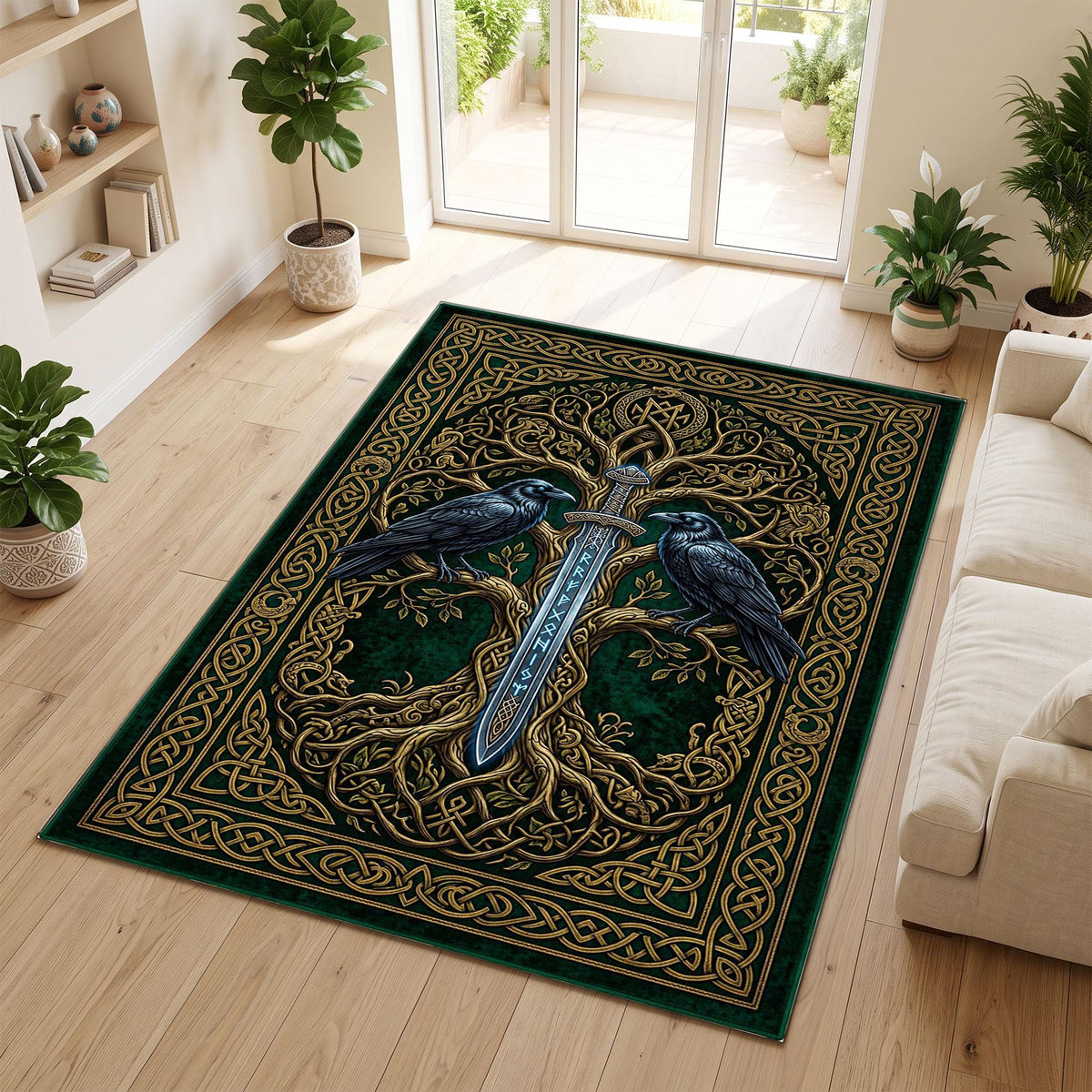 Viking Yggdrasil Tree of Life Rug - Viking Raven Rug, Yggdrasil Tree Celtic Sword Carpet, Norse