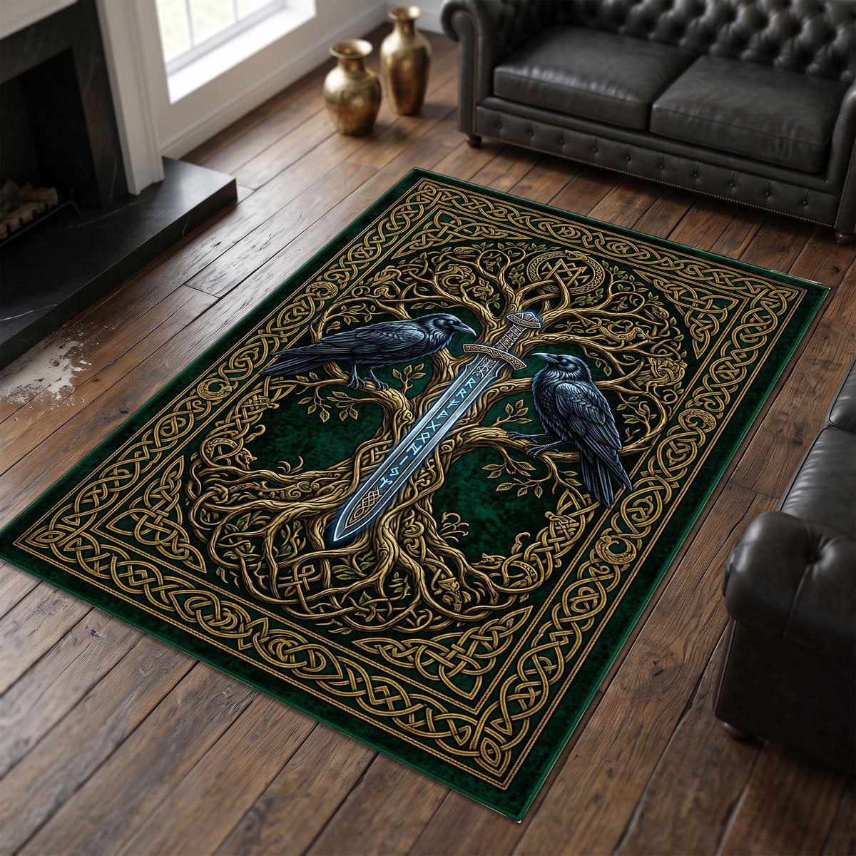 Viking Yggdrasil Tree of Life Rug - Viking Raven Rug, Yggdrasil Tree Celtic Sword Carpet, Norse