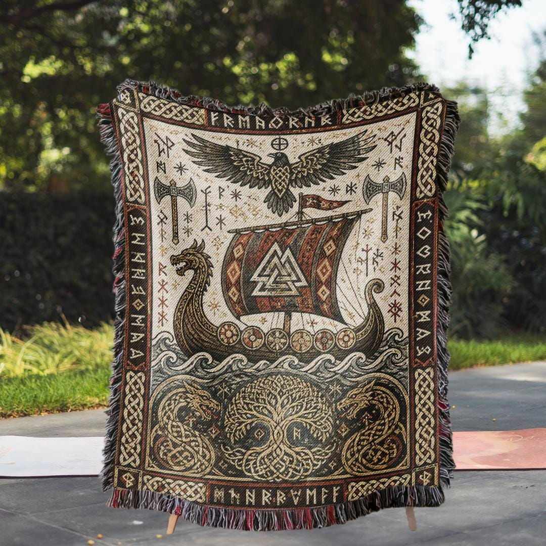 Viking Thor's Hammer Blanket - Viking Longship Woven Blanket, Medieval Norse Mythology Tapestry