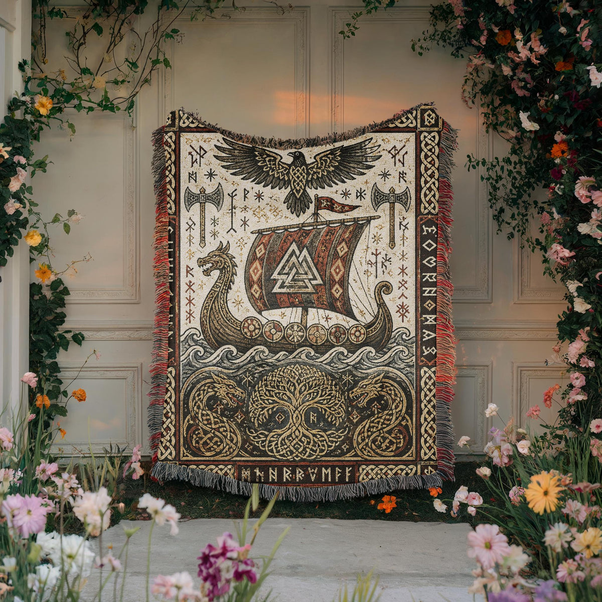 Viking Thor's Hammer Blanket - Viking Longship Woven Blanket, Medieval Norse Mythology Tapestry