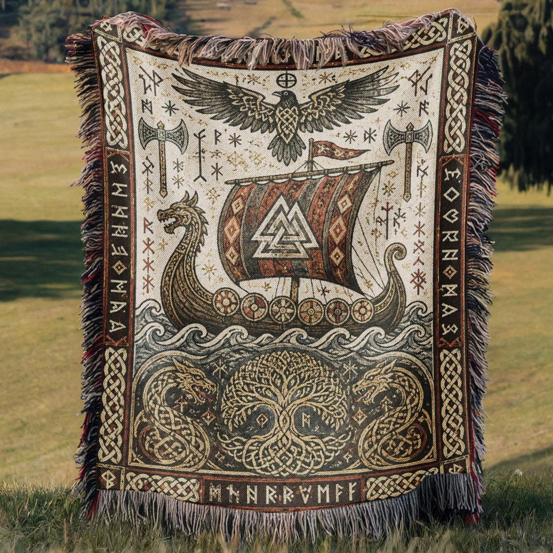 Viking Thor's Hammer Blanket - Viking Longship Woven Blanket, Medieval Norse Mythology Tapestry