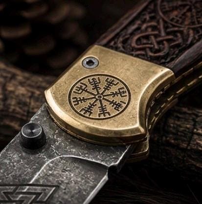 Viking Weapon Replica - Viking Engraved Folding Pocket Tool, Carved Rosewood Handle, 440C Steel