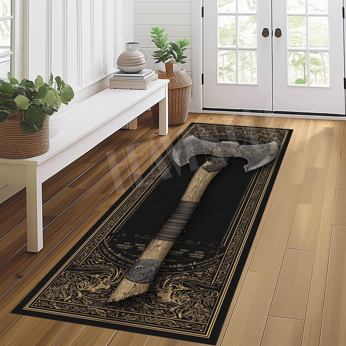 Viking Rug - Viking Axe Runner Rug, Nordic Warrior Black Gold Decor, Norse Myth Battle Axe Carpet