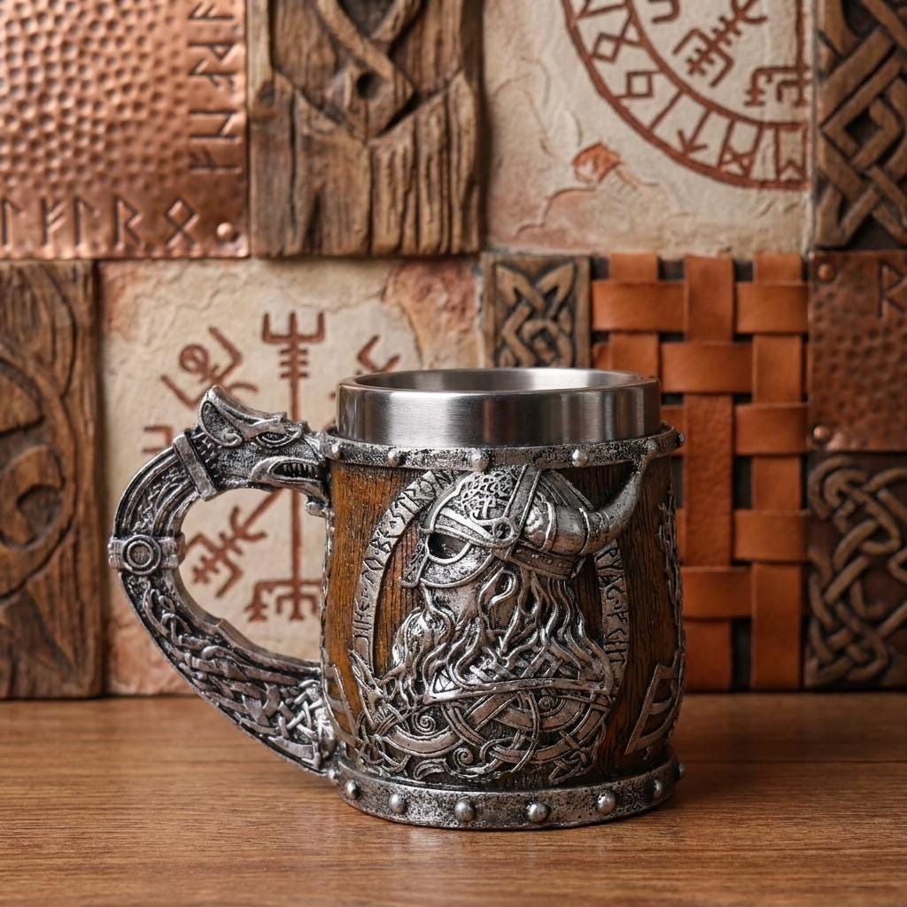 Viking Odin Mug - Custom Nordic Viking Mug with Raven & Dragon, Odin Tankard, Handmade Scandinavian