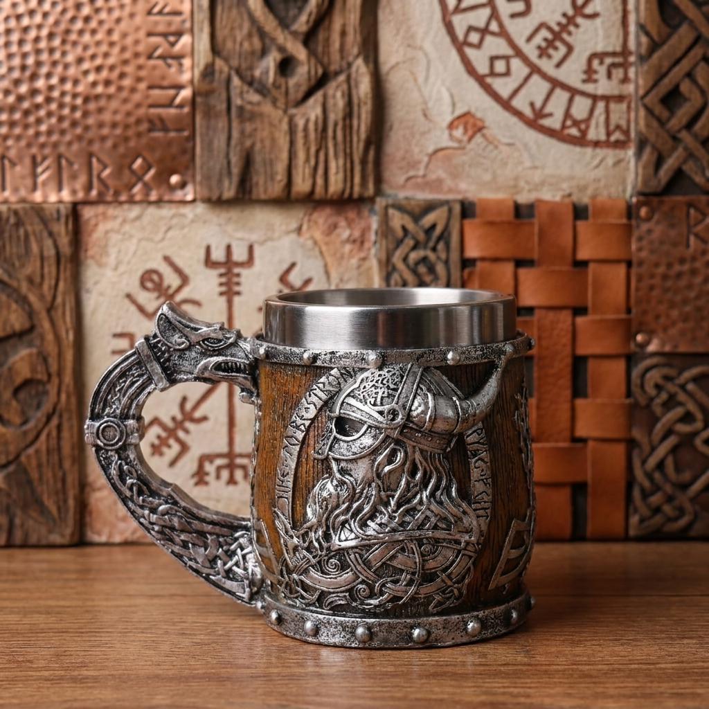 Viking Valhalla Mug - Valhalla Viking Tankard Mug, Stainless Steel Dragon Boat Skull Beer Mug