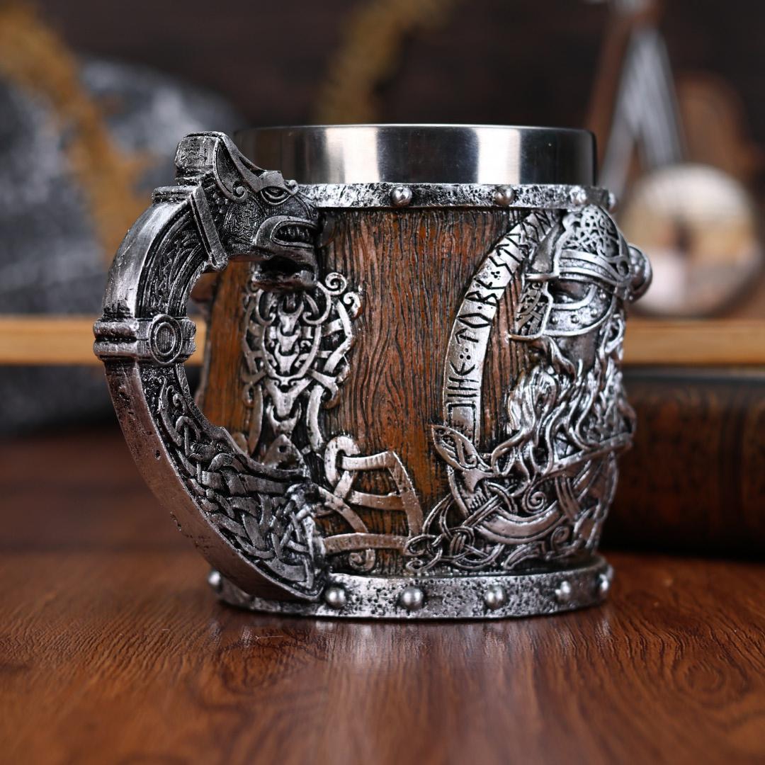 Viking Valhalla Mug - Valhalla Viking Tankard Mug, Stainless Steel Dragon Boat Skull Beer Mug
