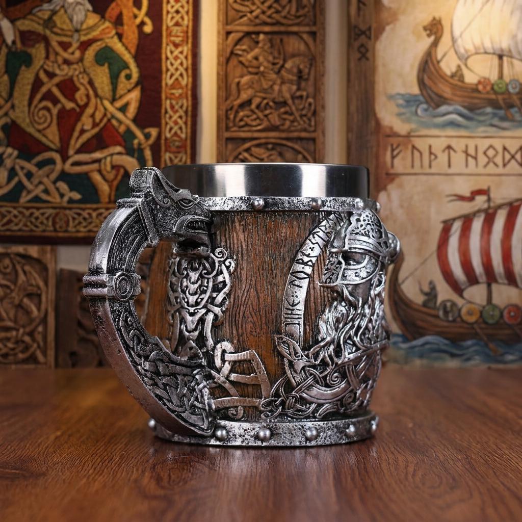 Viking Valhalla Mug - Valhalla Viking Tankard Mug, Stainless Steel Dragon Boat Skull Beer Mug