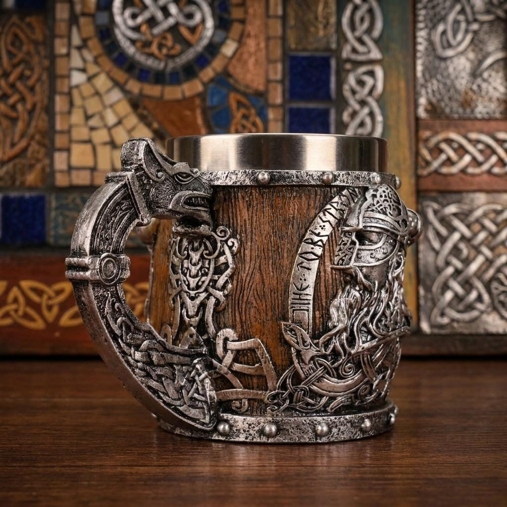 Viking Valhalla Mug - Valhalla Viking Tankard Mug, Stainless Steel Dragon Boat Skull Beer Mug