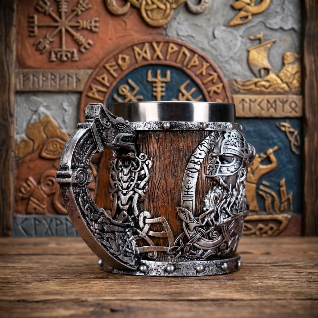 Viking Valhalla Mug - Valhalla Viking Tankard Mug, Stainless Steel Dragon Boat Skull Beer Mug