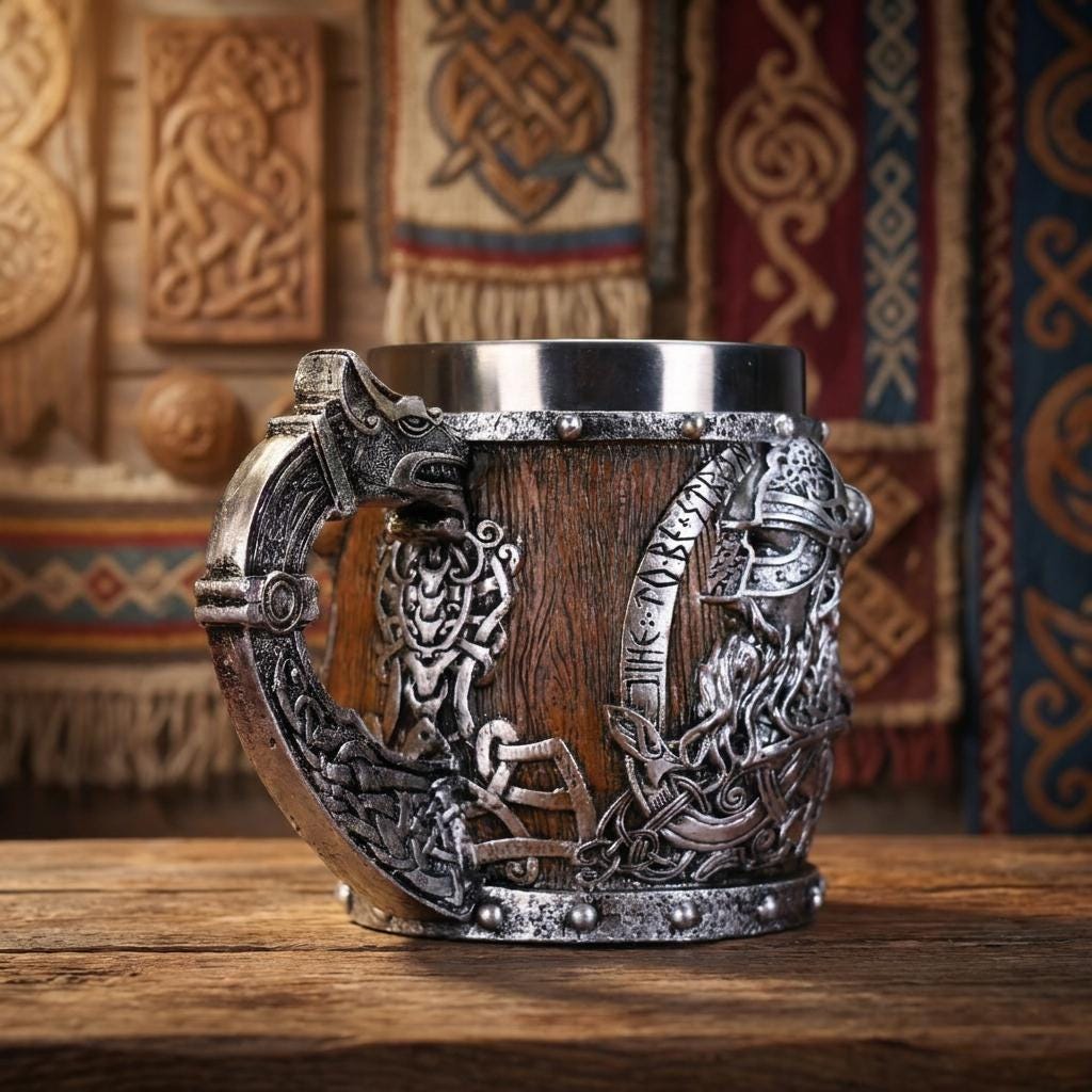 Viking Valhalla Mug - Valhalla Viking Tankard Mug, Stainless Steel Dragon Boat Skull Beer Mug