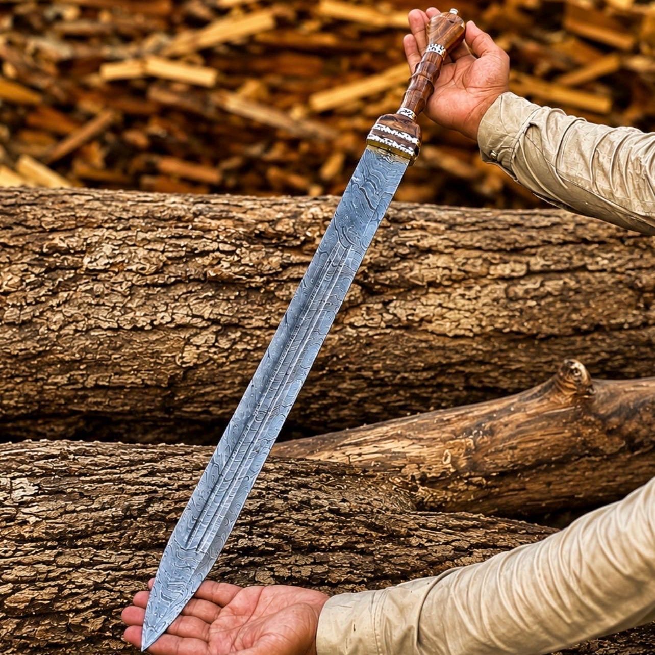 Viking Costume & LARP - 36” Damascus Northmen Sword with Scabbard, Handmade Collectible Medieval