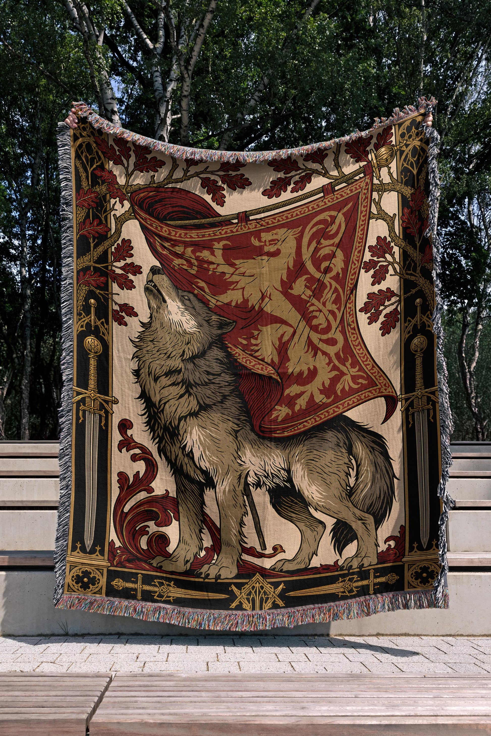 Viking Raven Blanket - Viking Axes Woven Throw Blanket, Norse Raven Celtic Knot Tapestry, Medieval