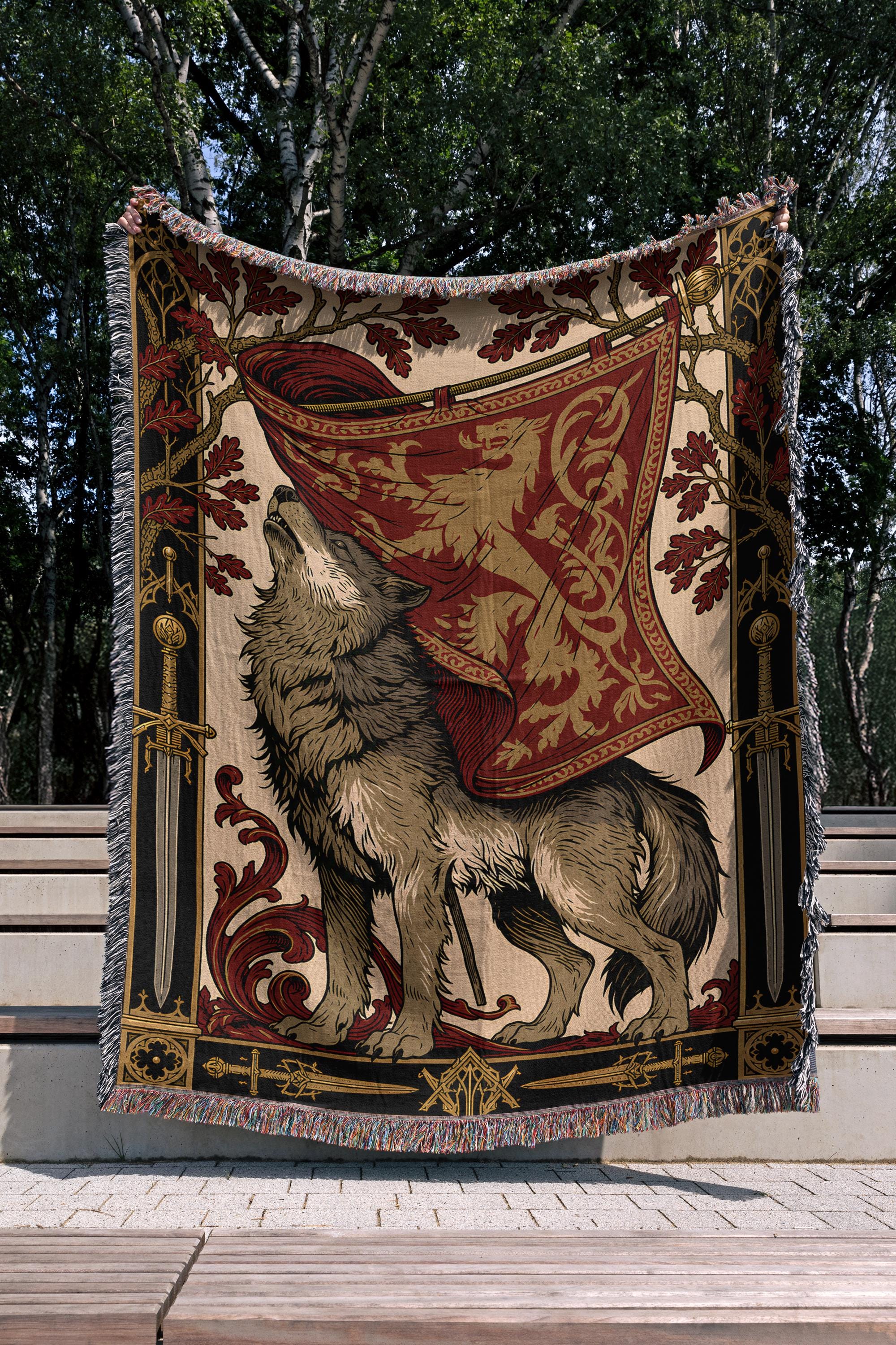 Viking Raven Blanket - Viking Axes Woven Throw Blanket, Norse Raven Celtic Knot Tapestry, Medieval