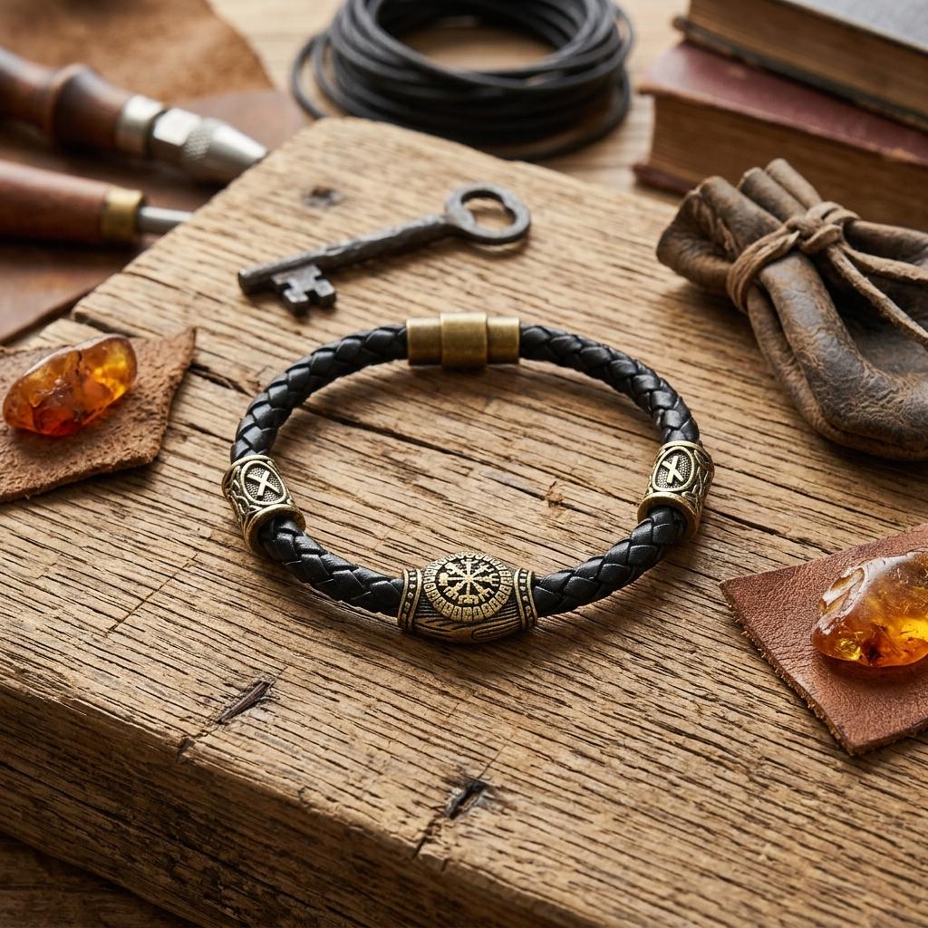 Viking Vegvisir Compass Bracelet - Norse Viking Vegvisir Leather Bracelet for Men- Antique Bronze