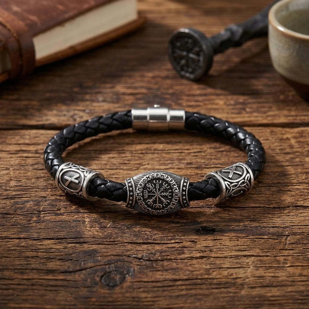 Viking Vegvisir Compass Bracelet - Norse Viking Vegvisir Leather Bracelet for Men- Antique Bronze