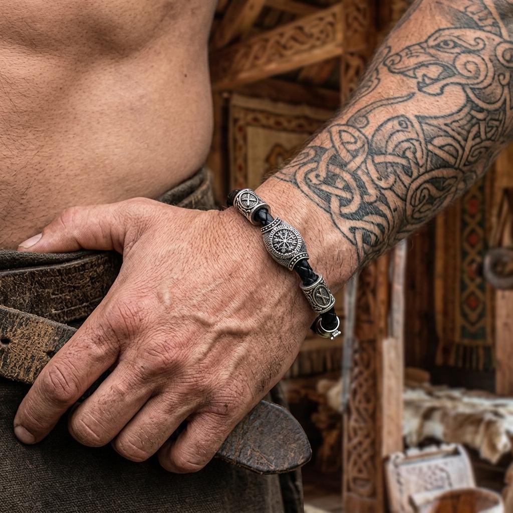 Viking Vegvisir Compass Bracelet - Norse Viking Vegvisir Leather Bracelet for Men- Antique Bronze