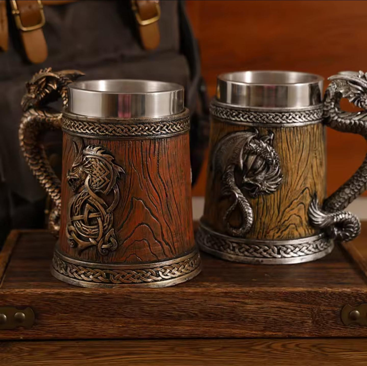 Viking Mug - Norse Warrior & Dragon Handle Stainless Steel Ale Mug