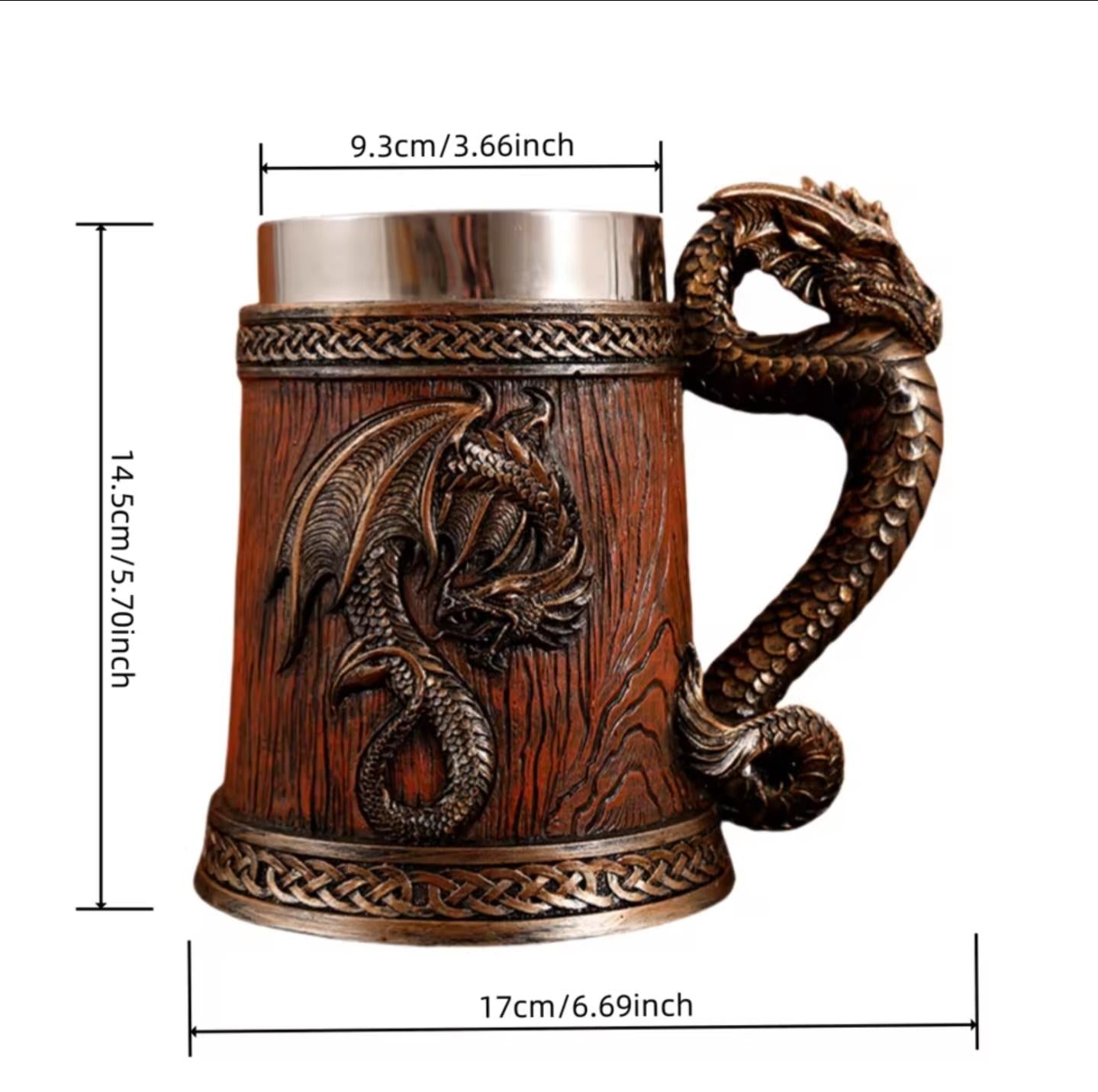 Viking Mug - Norse Warrior & Dragon Handle Stainless Steel Ale Mug