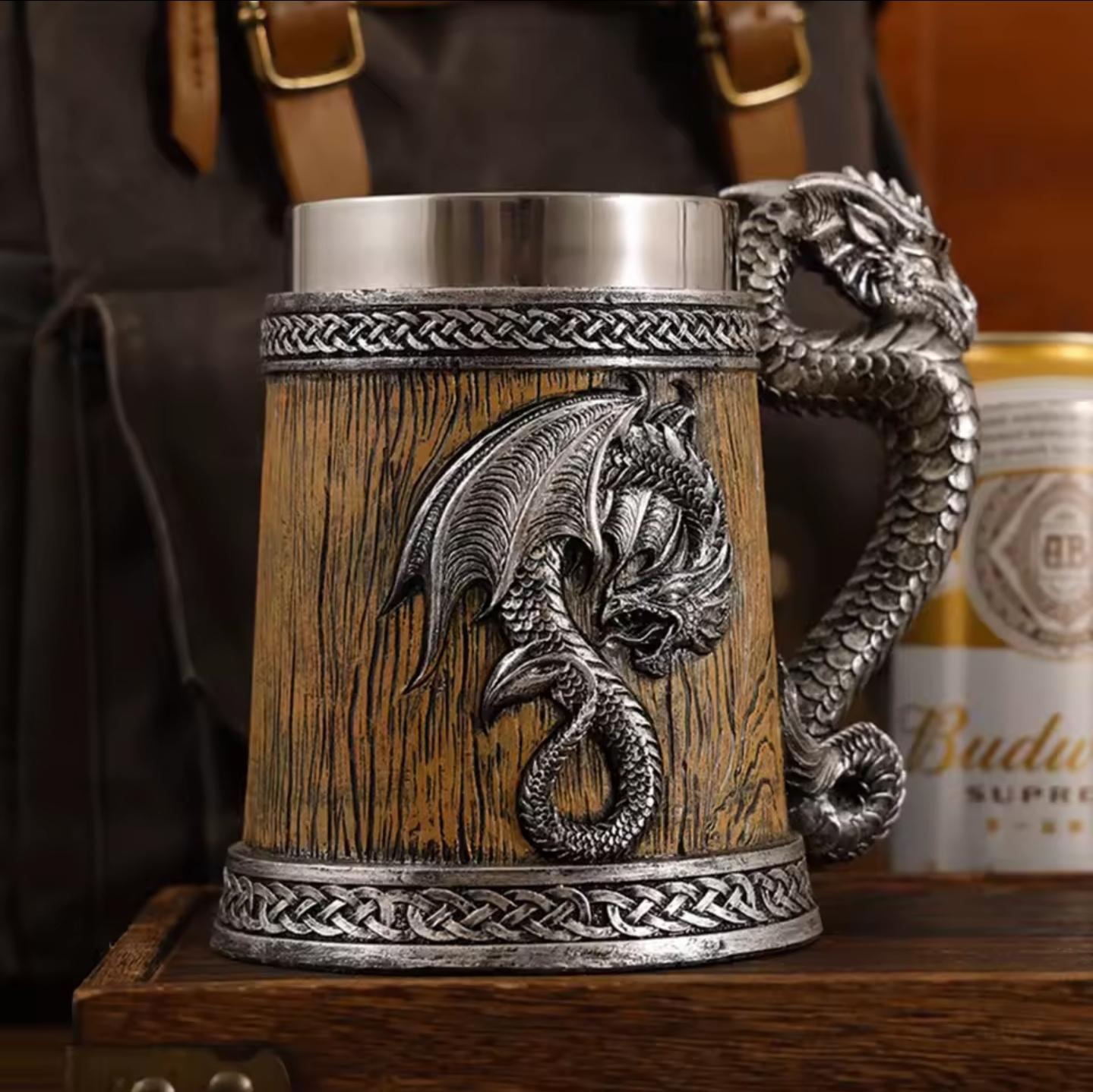 Viking Mug - Norse Warrior & Dragon Handle Stainless Steel Ale Mug