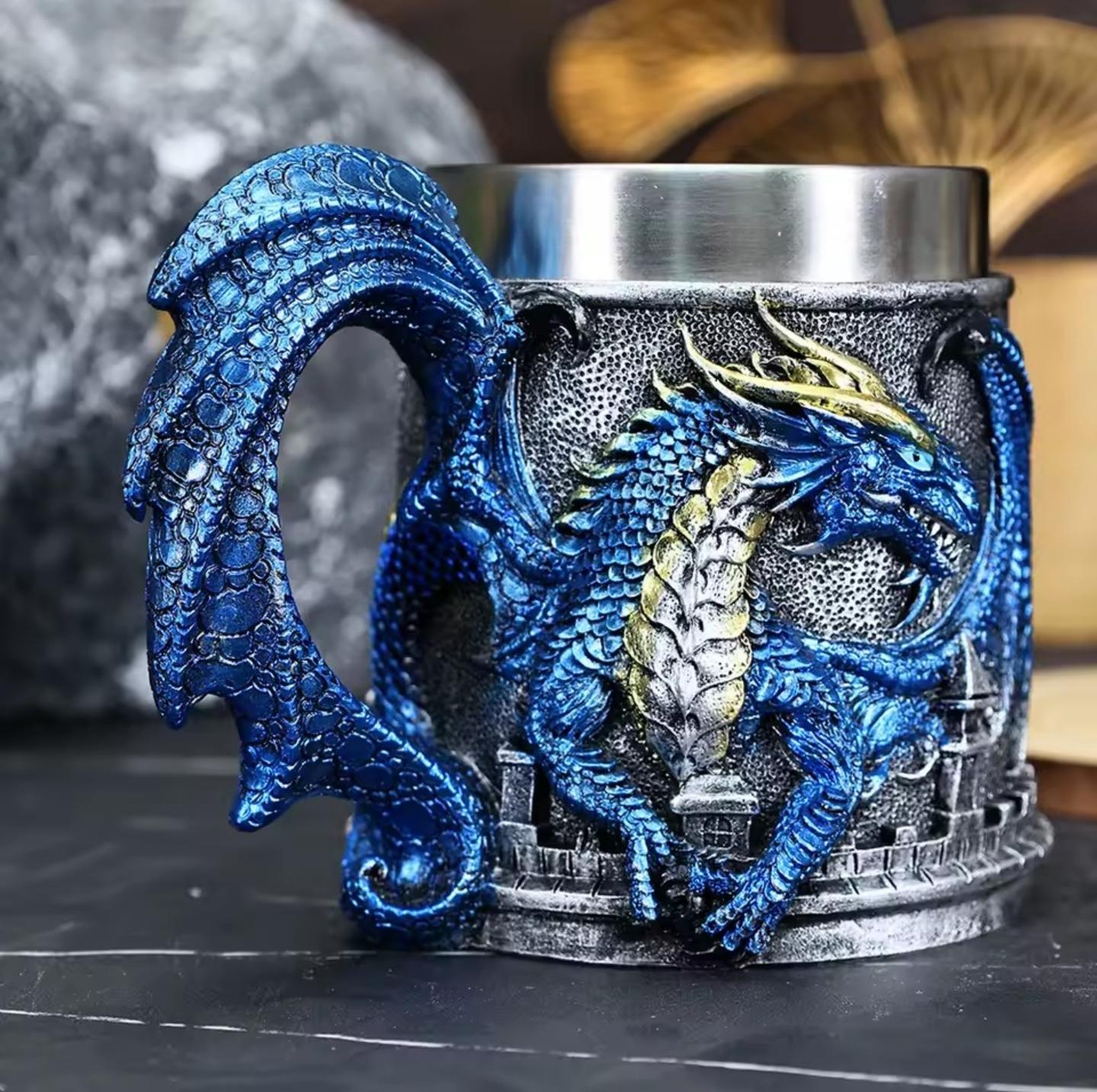 Viking Mug - Norse Warrior & Dragon Handle Stainless Steel Ale Mug