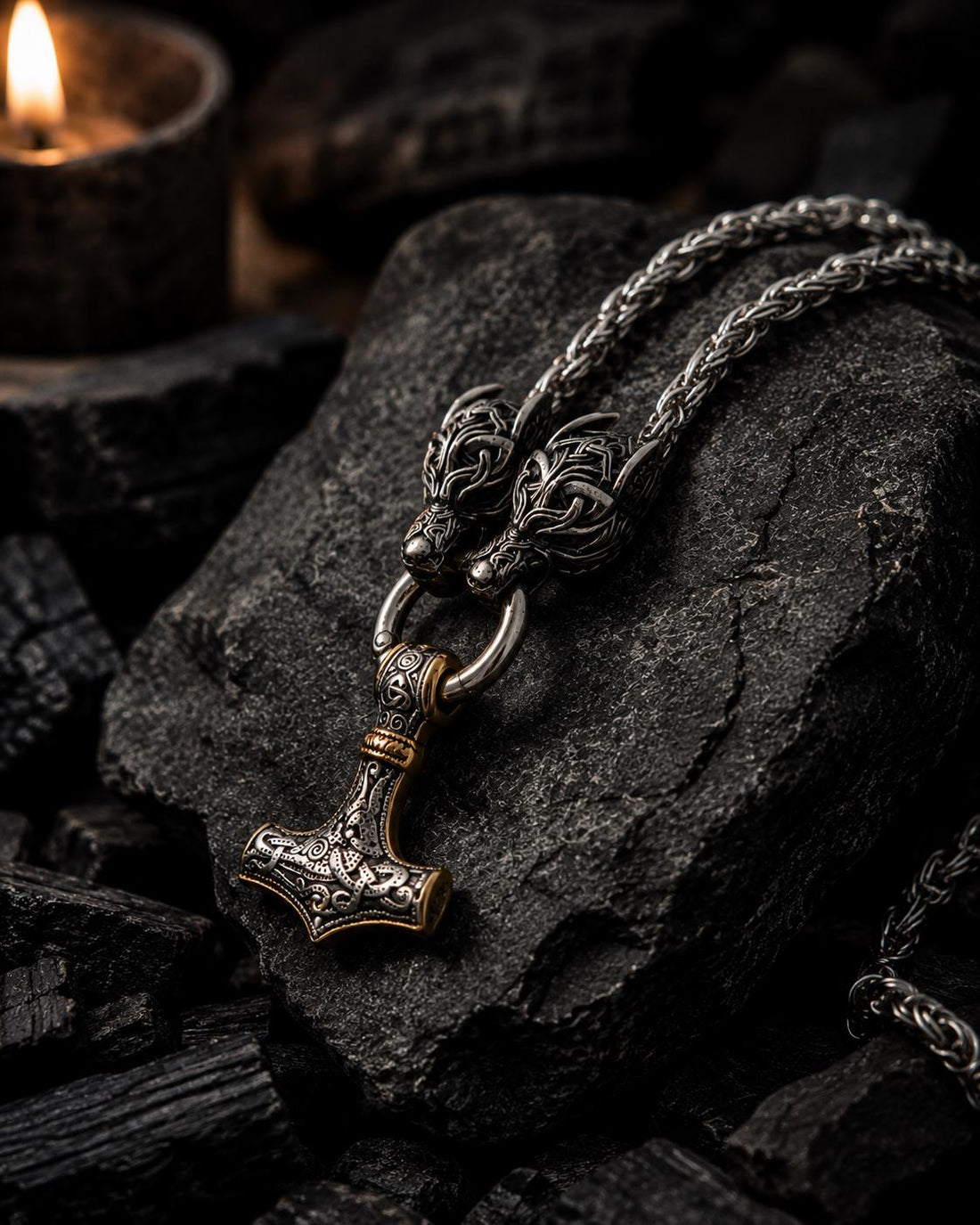 Viking Thor's Hammer Necklace - Gold Mjolnir Necklace with Wolf Heads, Viking Thor Hammer Pendant