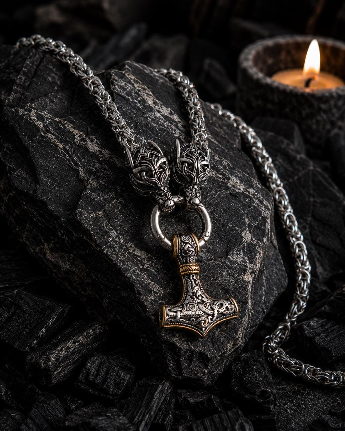 Viking Thor's Hammer Necklace - Gold Mjolnir Necklace with Wolf Heads, Viking Thor Hammer Pendant