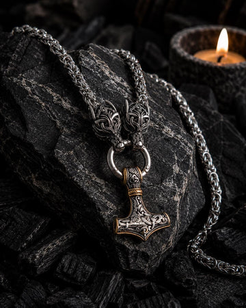 Viking Thor's Hammer Necklace - Gold Mjolnir Necklace with Wolf Heads, Viking Thor Hammer Pendant