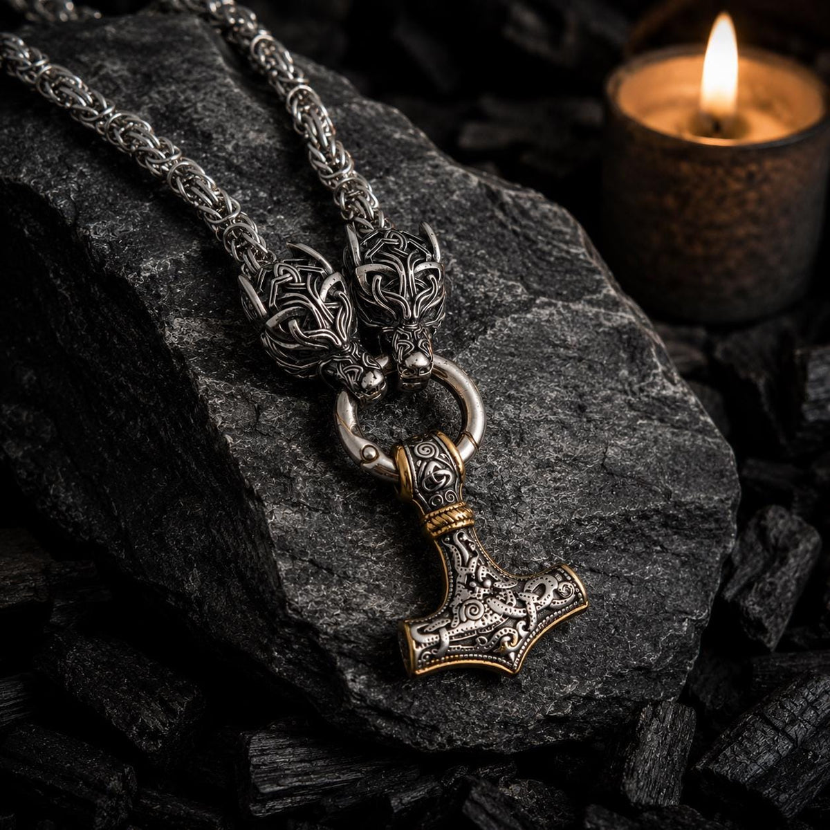 Viking Thor's Hammer Necklace - Gold Mjolnir Necklace with Wolf Heads, Viking Thor Hammer Pendant