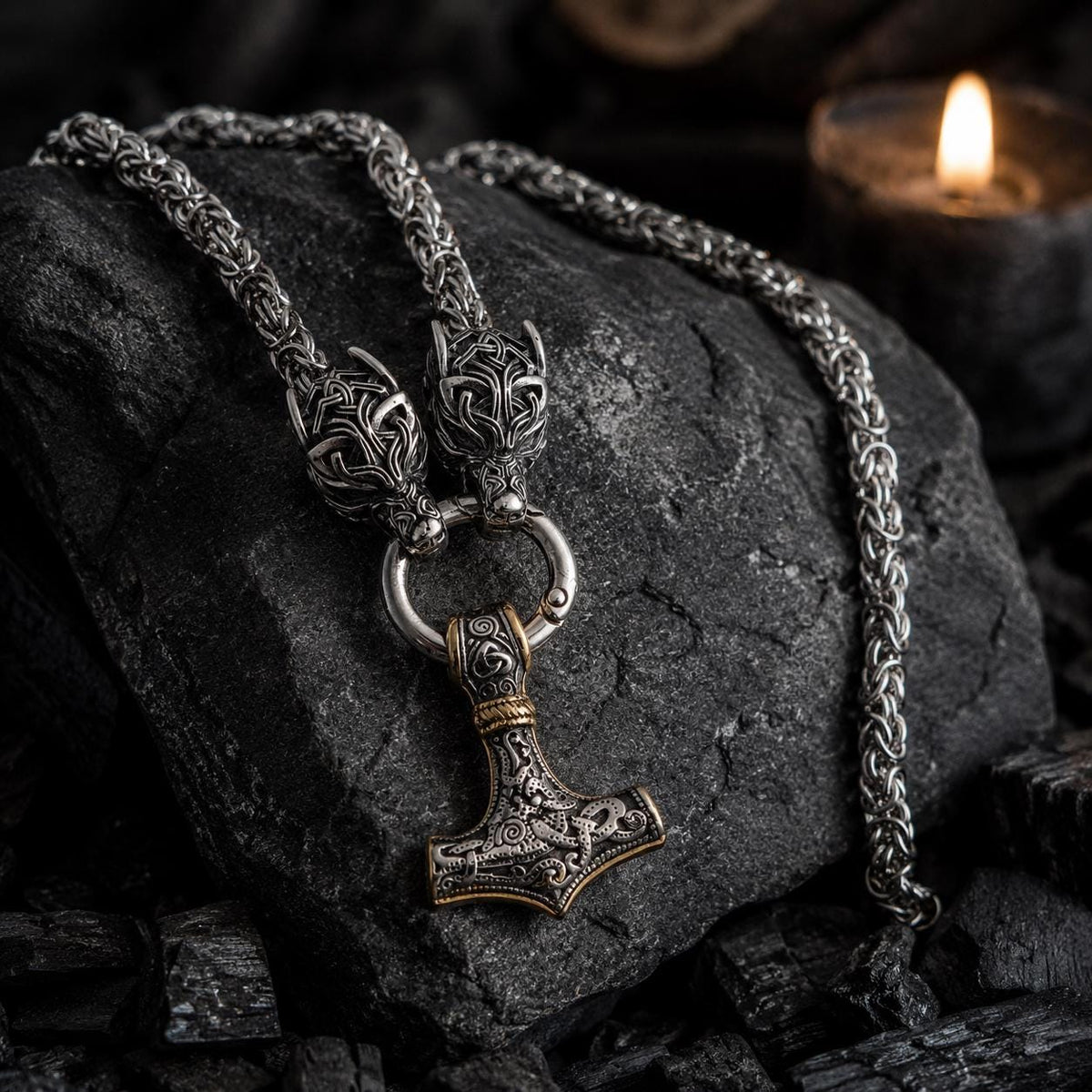 Viking Thor's Hammer Necklace - Gold Mjolnir Necklace with Wolf Heads, Viking Thor Hammer Pendant