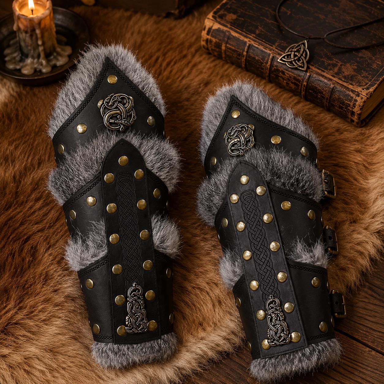 Viking Costume & LARP - 2pc Viking Fur Trim Bracers, Real Rabbit Fur Medieval Leather Arm Warmers