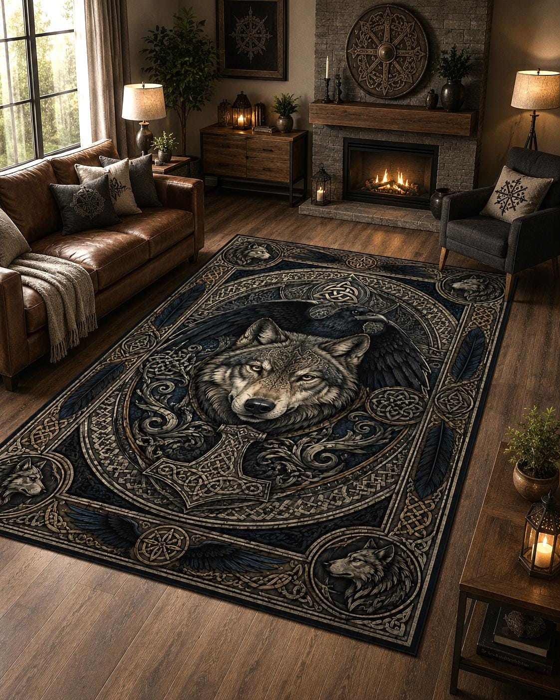 Viking Longship Rug - Viking Fjord Rug, Nordic Longship Mountain Landscape, Norse Celtic Area Rug