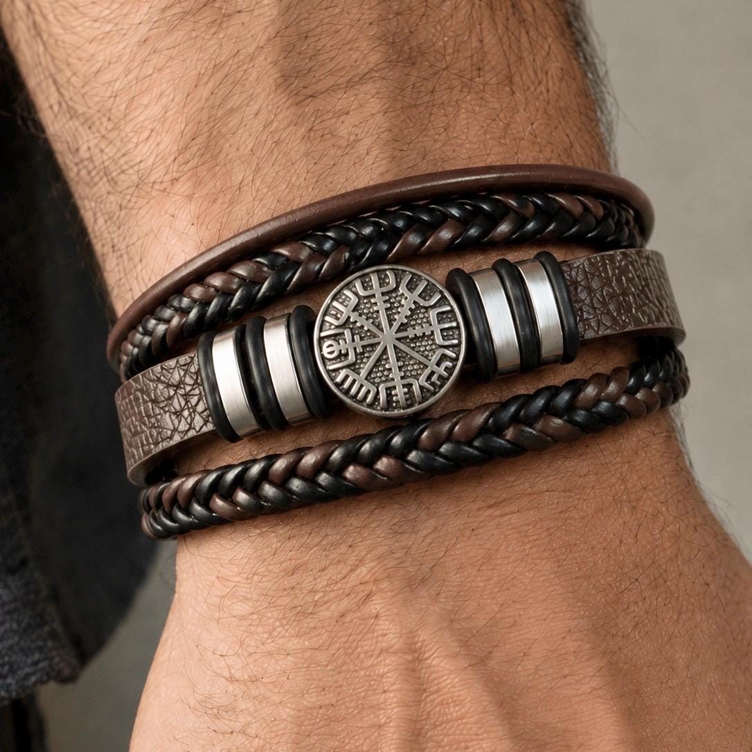 Viking Bracelet - Men’s Leather Bracelet, Viking Compass, Gift for Him