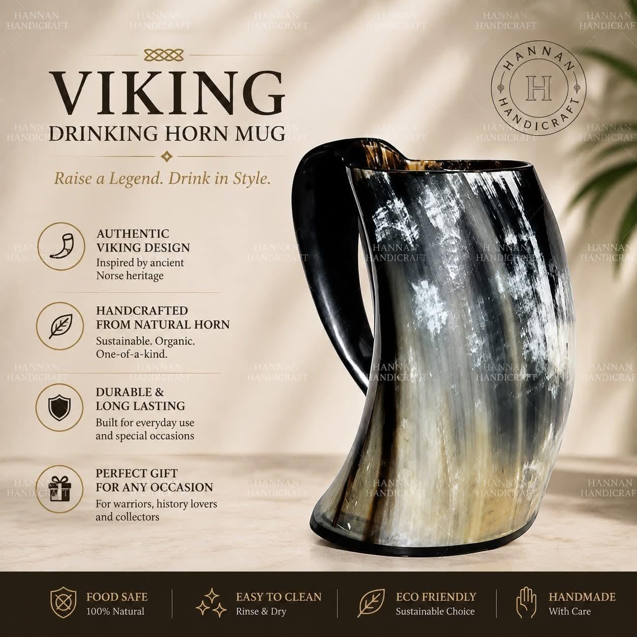 Viking Raven Mug - Authentic Drinking Horn Mug, Engraved Norse Raven Horn Tankard, Viking Mead