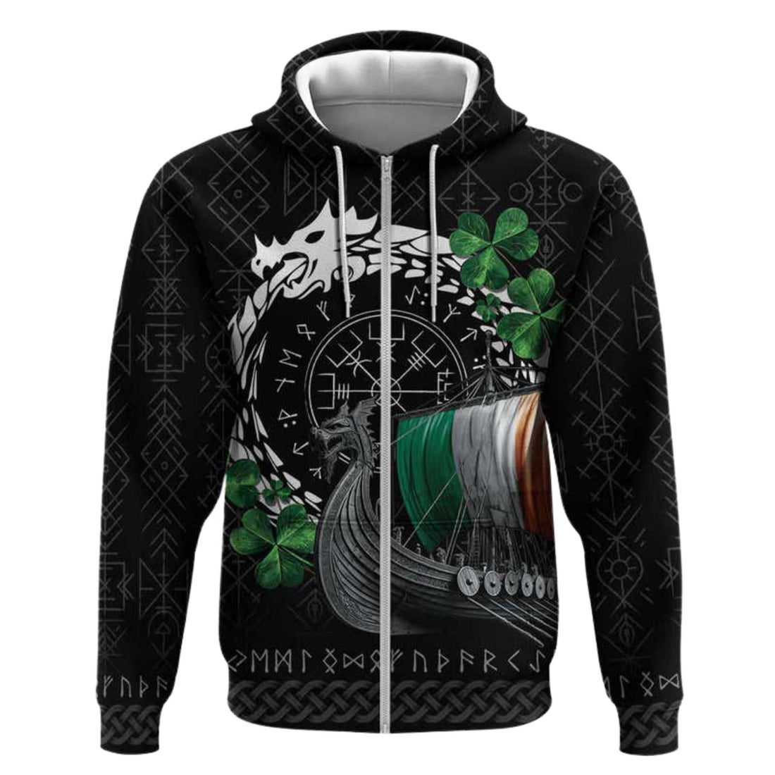 Viking Hoodie - Irish Viking Zip Hoodie, Ireland Flag Norse Ship Jacket, Celtic Unisex Heritage Gift
