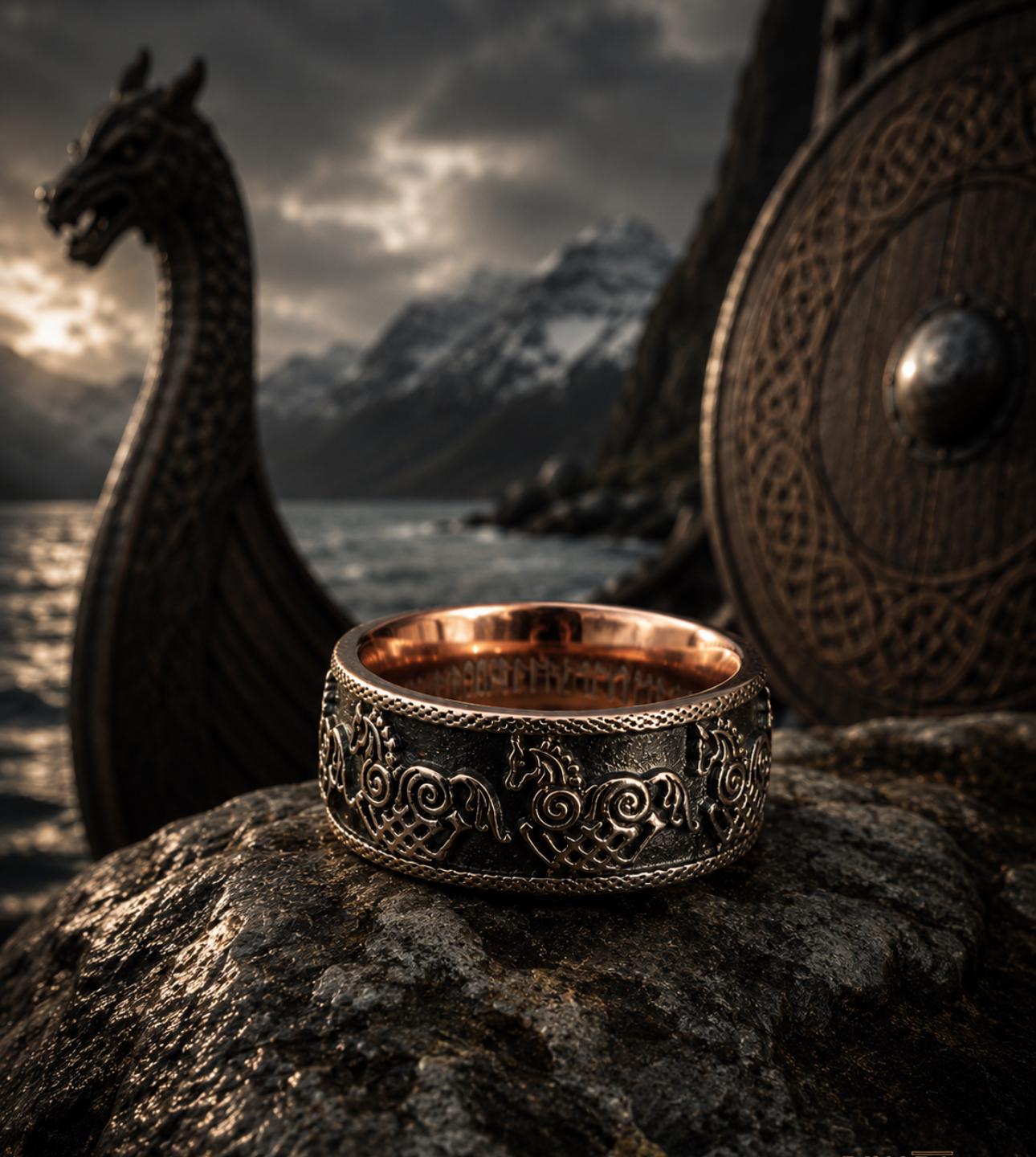 Viking Odin Ring - Sleipnir Viking Wedding Band Odin’s Eight Legged Horse Norse Rune Ring Oxidized