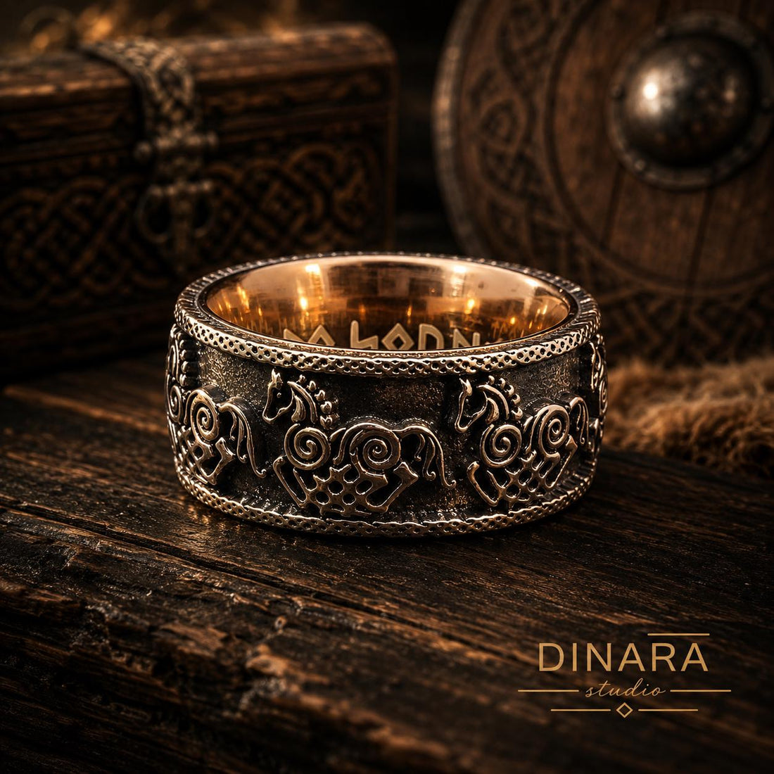 Viking Odin Ring - Sleipnir Viking Wedding Band Odin’s Eight Legged Horse Norse Rune Ring Oxidized