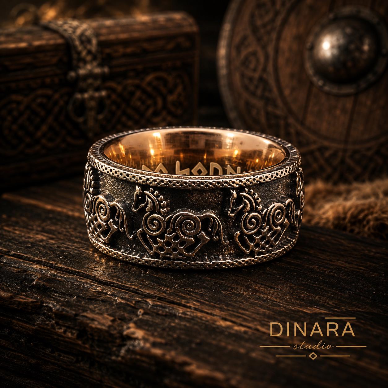 Viking Odin Ring - Sleipnir Viking Wedding Band Odin’s Eight Legged Horse Norse Rune Ring Oxidized