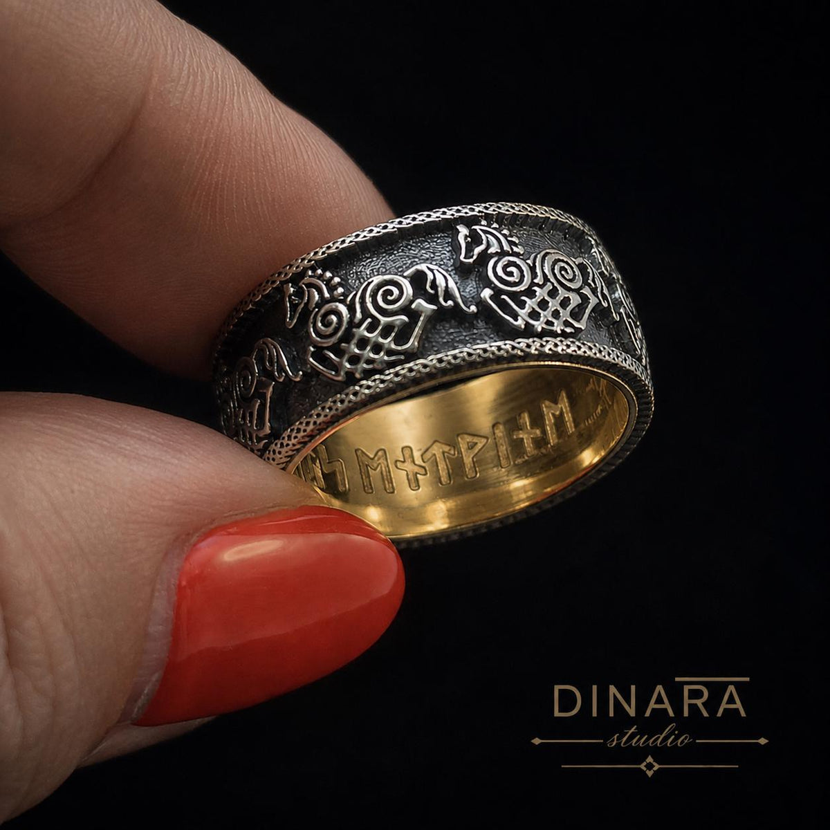 Viking Odin Ring - Sleipnir Viking Wedding Band Odin’s Eight Legged Horse Norse Rune Ring Oxidized