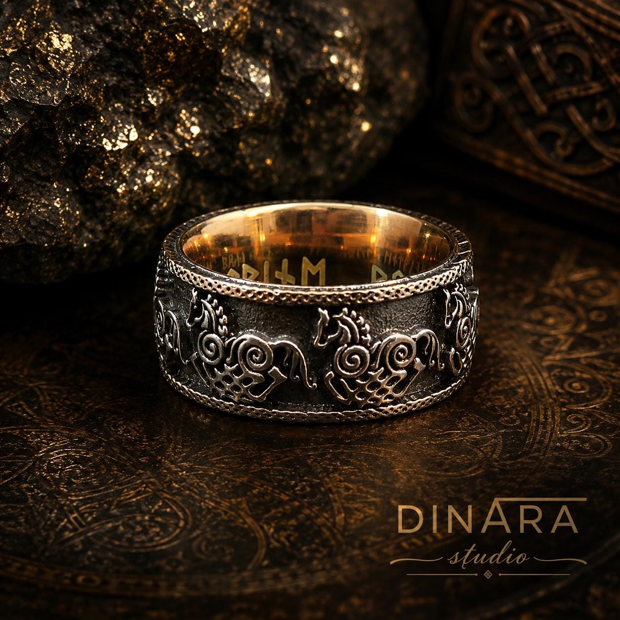 Viking Odin Ring - Sleipnir Viking Wedding Band Odin’s Eight Legged Horse Norse Rune Ring Oxidized