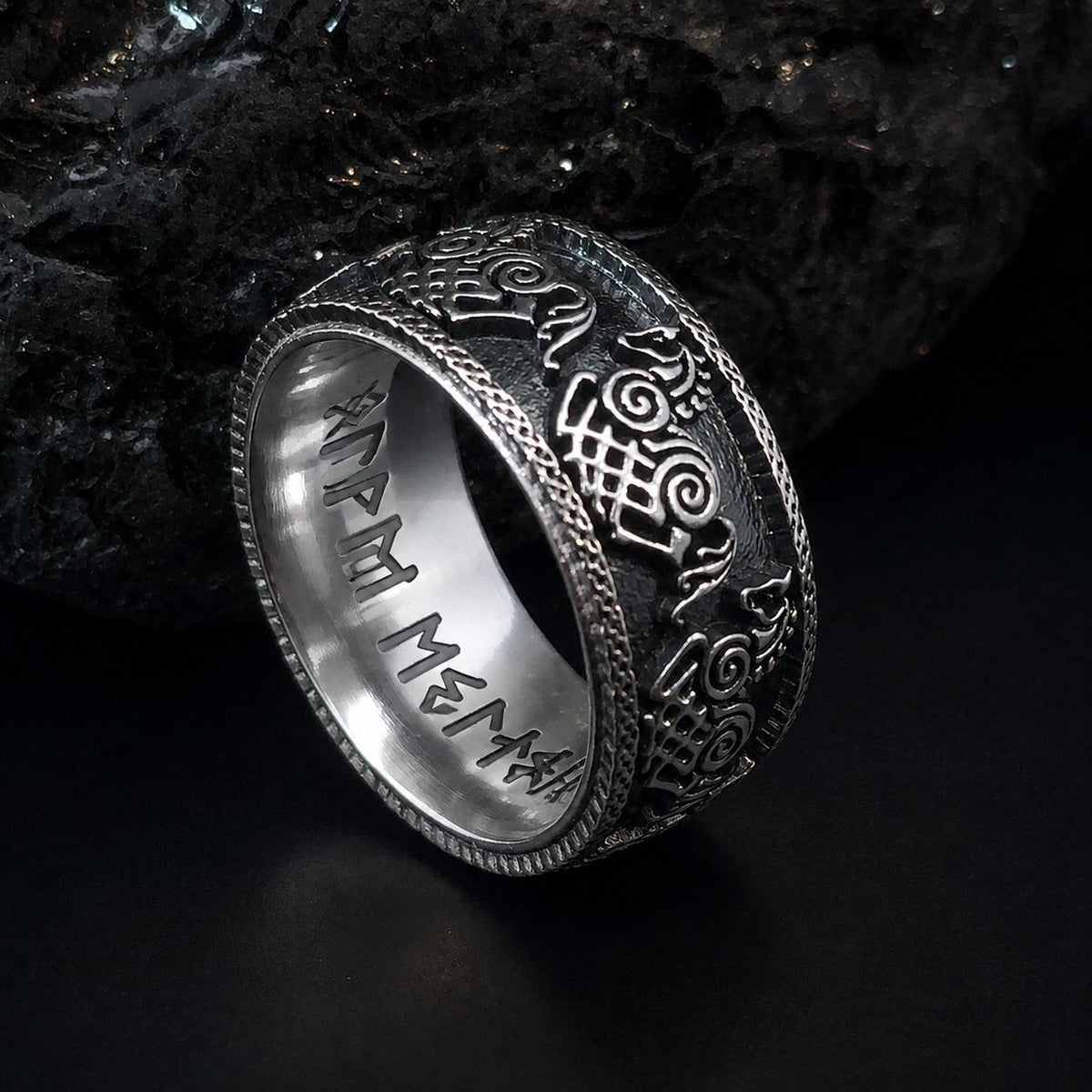 Viking Odin Ring - Sleipnir Viking Wedding Band Odin’s Eight Legged Horse Norse Rune Ring Oxidized