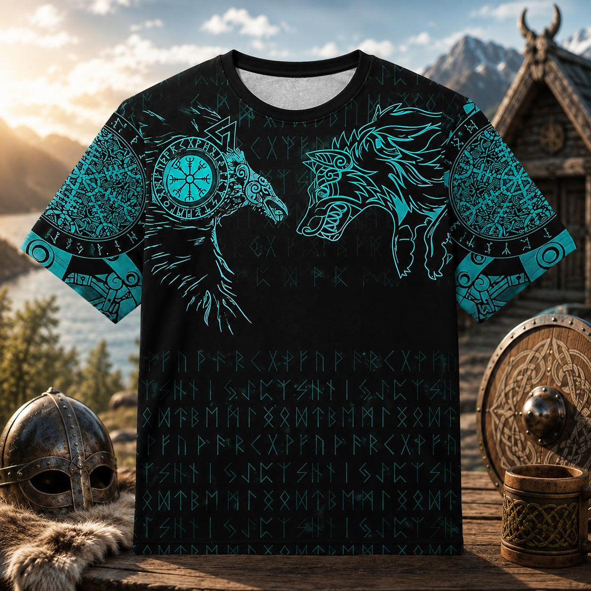 Viking Wolf Hoodie - Viking Wolf Raven Hoodie Sweatshirt T-Shirt, Norse Rune Nordic Mythology