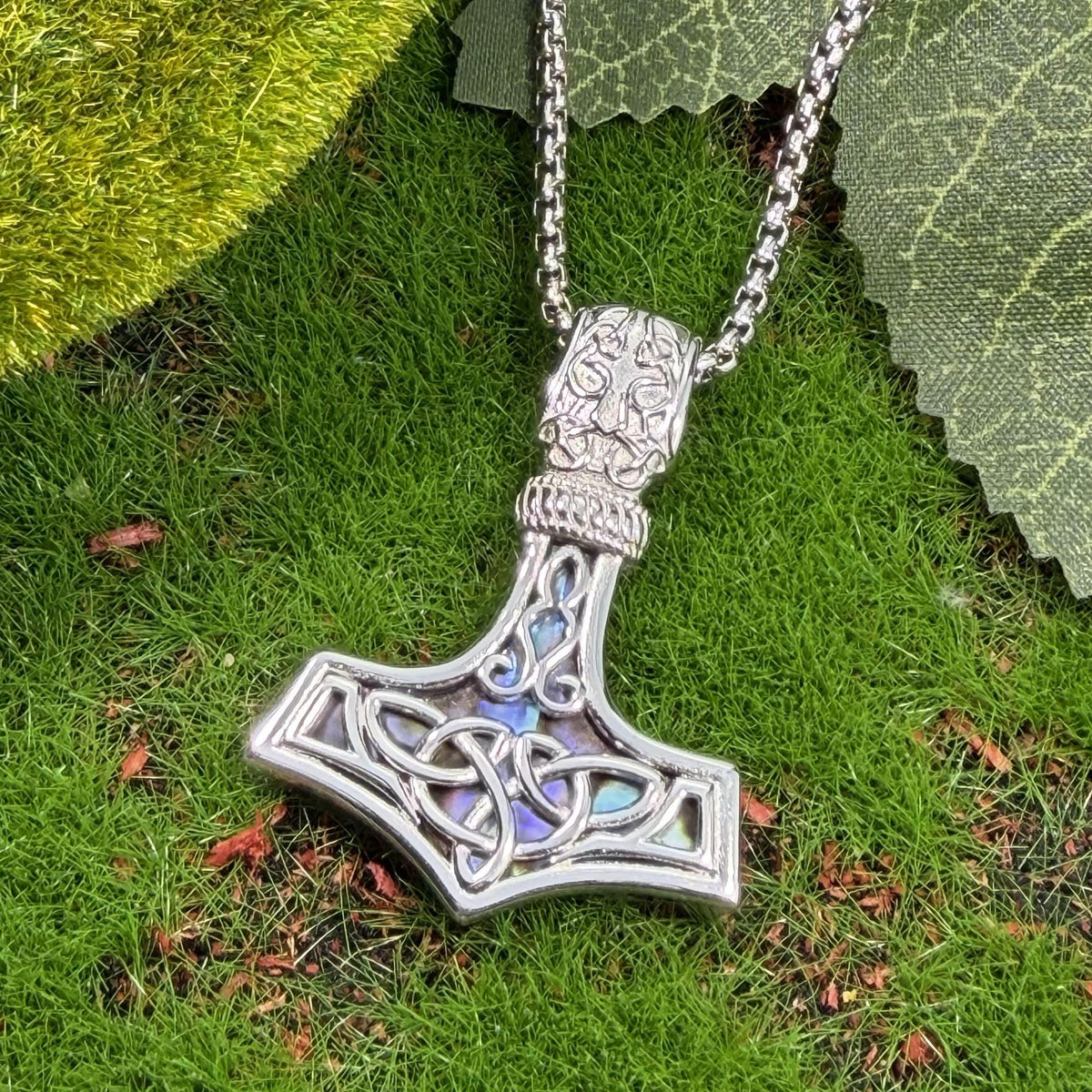 Viking Thor's Hammer Necklace - Gold Mjolnir Necklace with Wolf Heads, Viking Thor Hammer Pendant