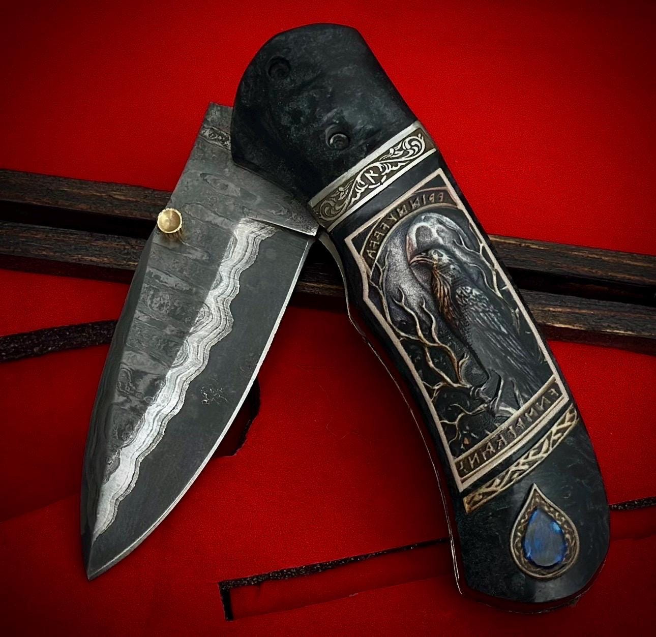 Viking Weapon Replica - Viking Engraved Folding Pocket Tool, Carved Rosewood Handle, 440C Steel