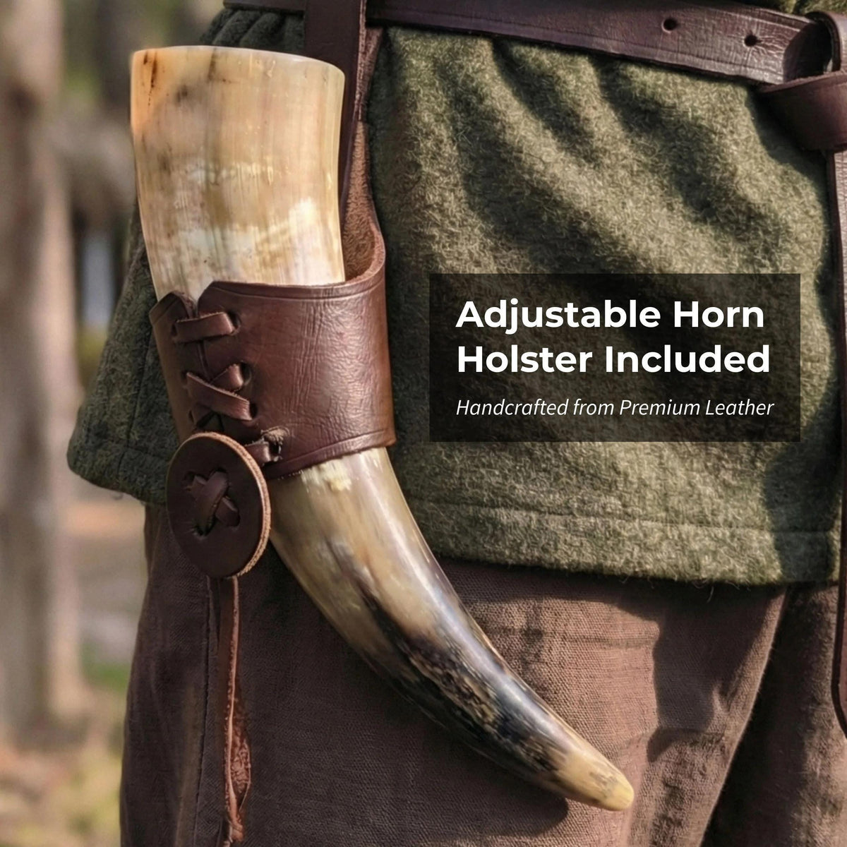 Viking Mug - Viking Drinking Horn with Fitted Stand & Genuine Leather Belt Holster - Multiple Sizes