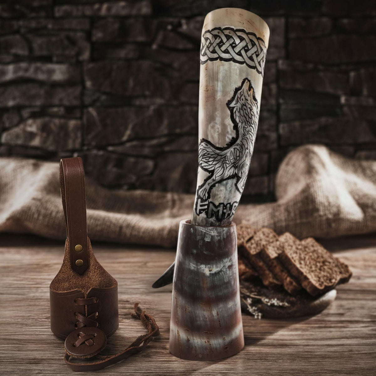 Viking Wolf Weapon Replica - Norse Viking War Horn, Handmade Engraved Wolf Ox Horn, Leather Strap