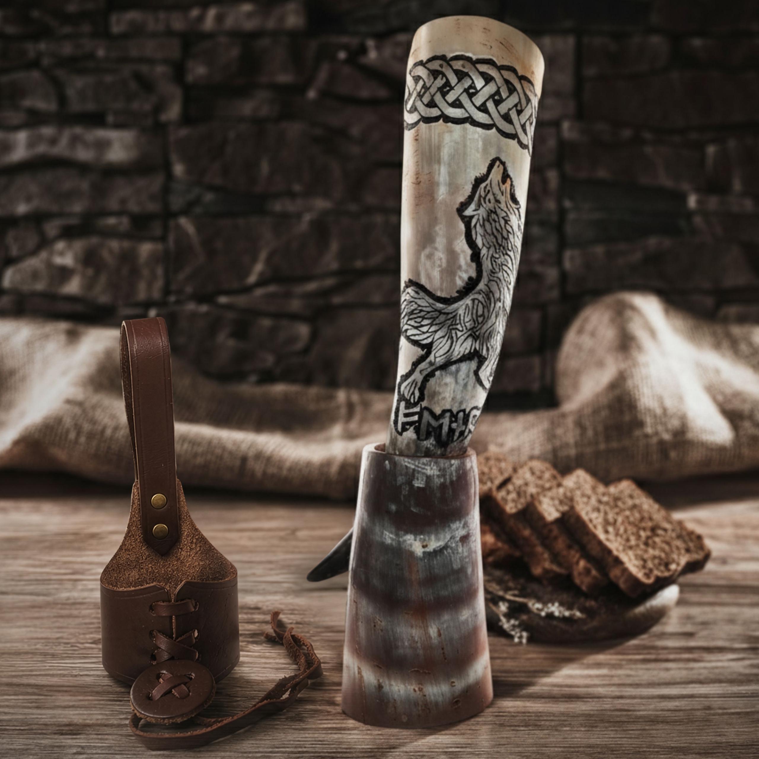 Viking Mug - Viking Drinking Horn with Fitted Stand & Genuine Leather Belt Holster - Multiple Sizes