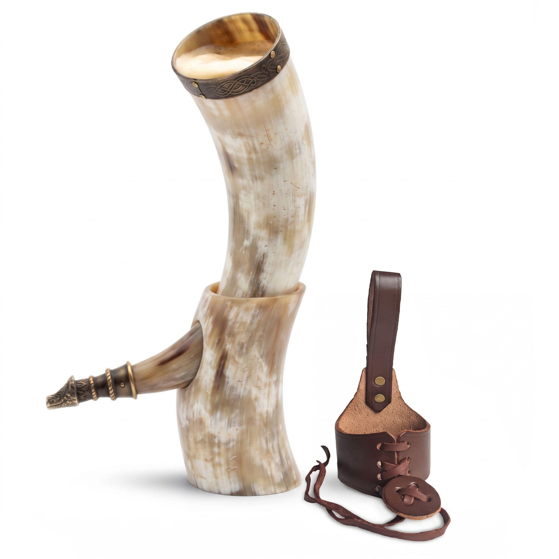 Viking Mug - Viking Drinking Horn with Fitted Stand & Genuine Leather Belt Holster - Multiple Sizes