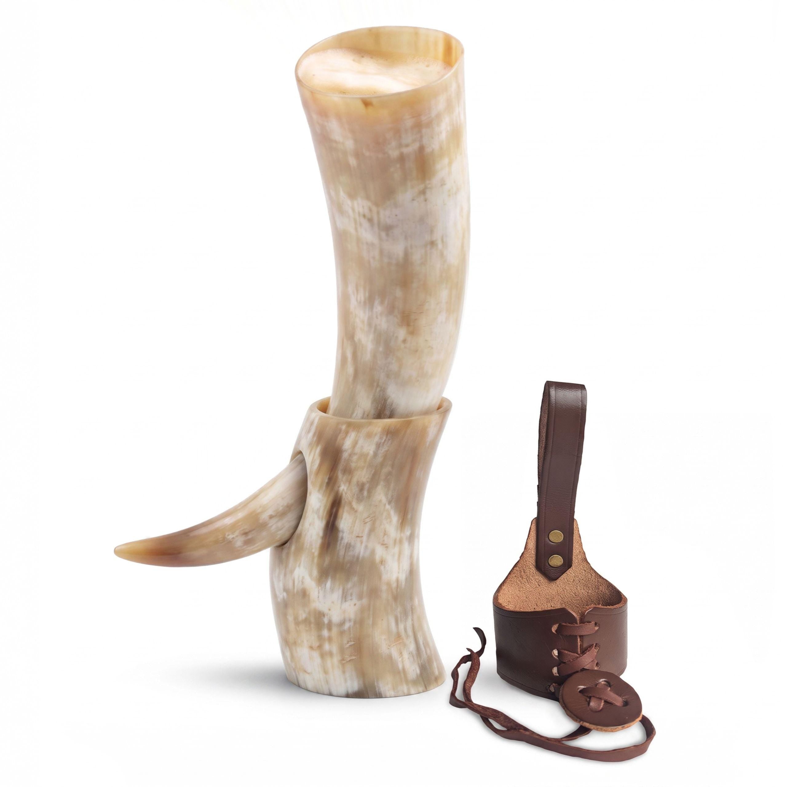 Viking Mug - Viking Drinking Horn with Fitted Stand & Genuine Leather Belt Holster - Multiple Sizes