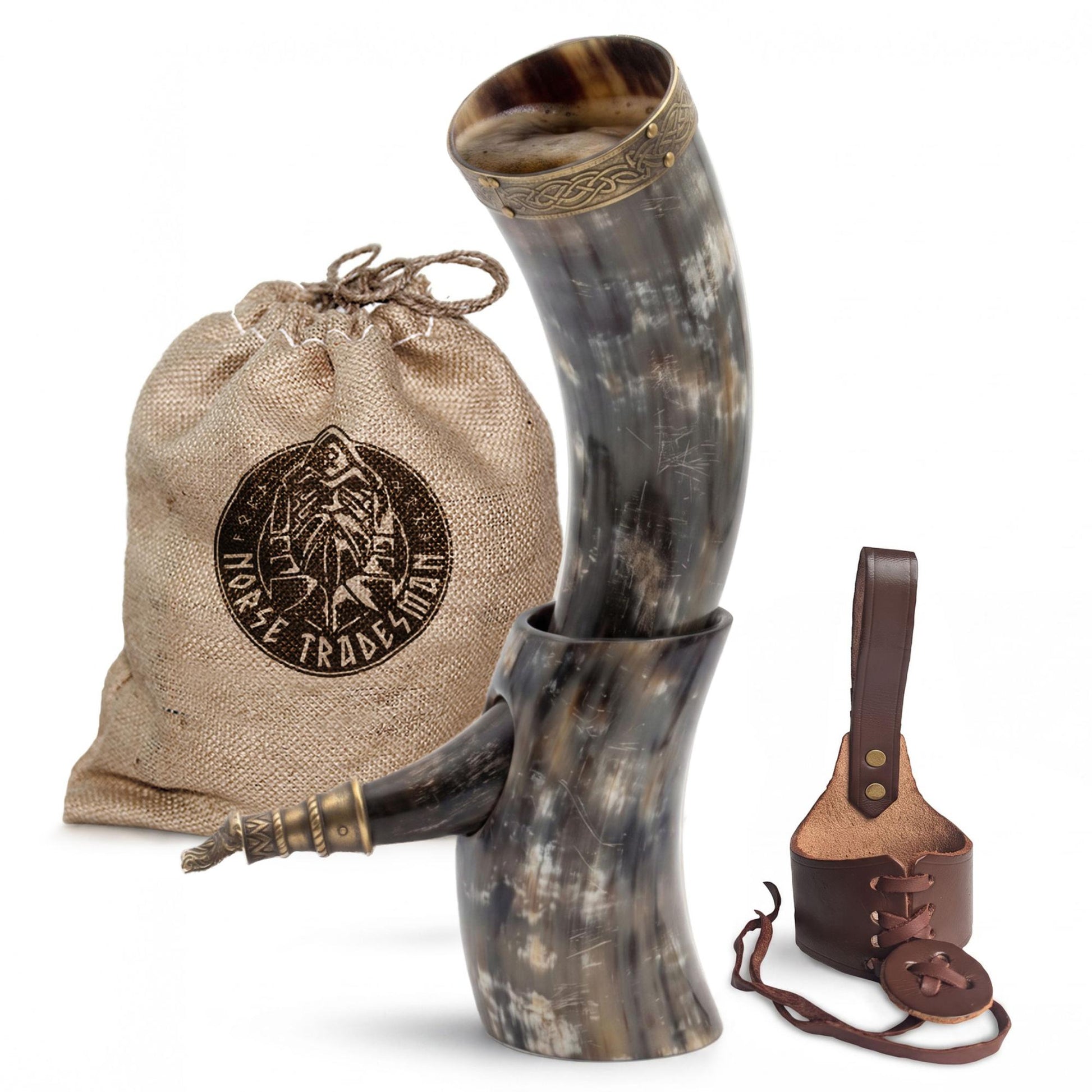 Viking Mug - Viking Drinking Horn with Fitted Stand & Genuine Leather Belt Holster - Multiple Sizes